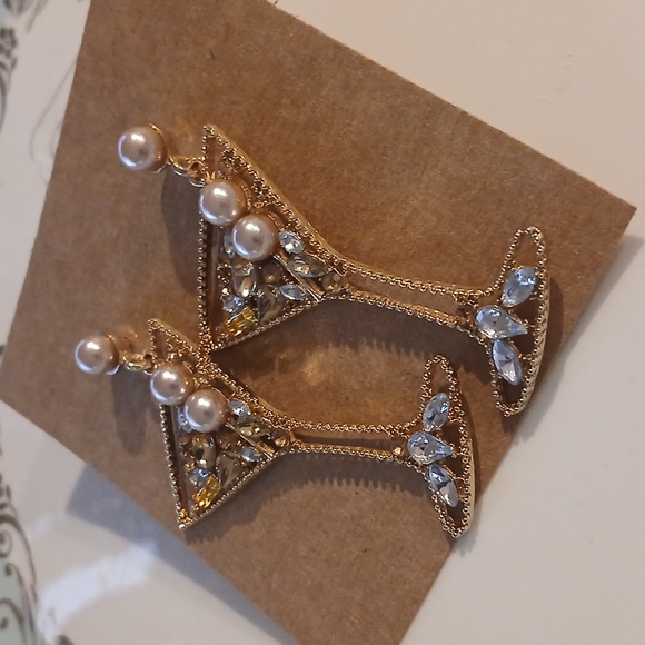 117-   Gold Tone Retro Rockabilly Gold And Silver Martini Rhinestone Earrings - Picture 4 of 5